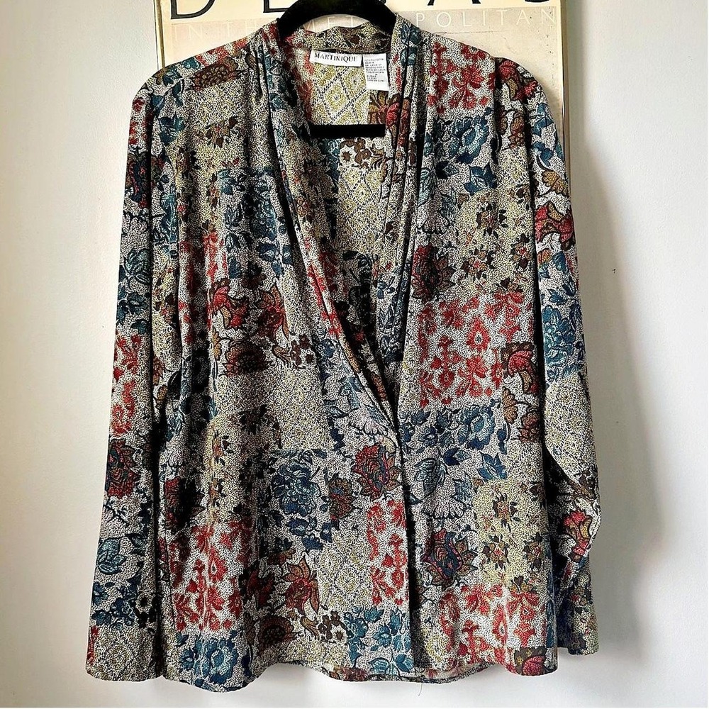 Vintage Martinique Boho Patchwork Floral Satin Shirt Blazer Womens L Art Teacher